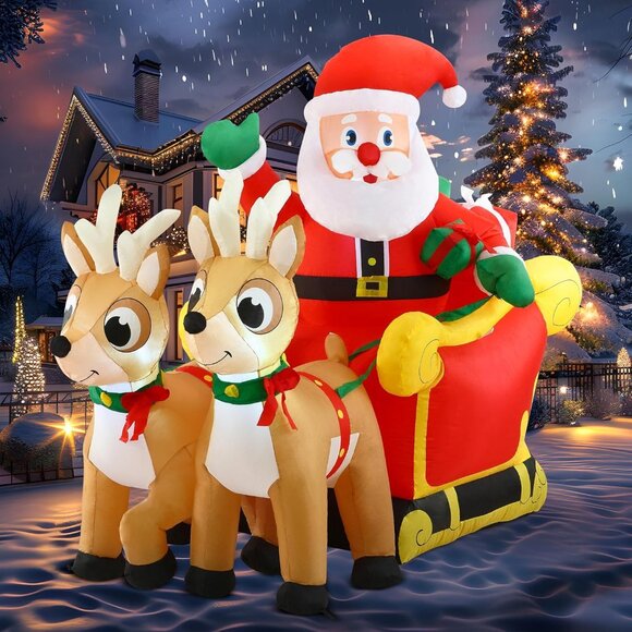 Other - New 6 FT Christmas Inflatable Santa on Sleigh with 2 Reindeers LED Yard Decor